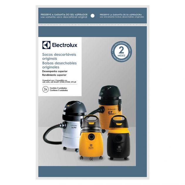 Kit com 3 Sacos Descartáveis Agua e Po Electrolux A20 / A20L / GT300 / GT30N - CSE20